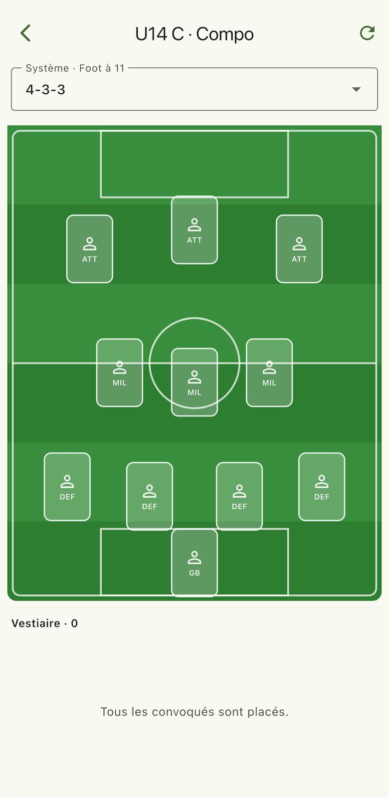 Écran de composition tactique de l'application FootLife éducateurs